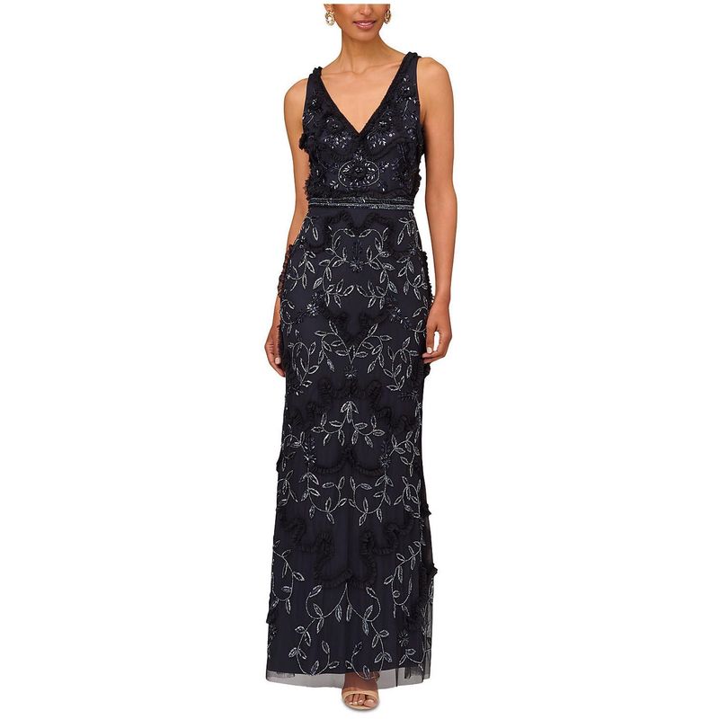 Aidan Mattox Womens Beaded Ruffle Sleeveless V Neck Gown Dress, Blue, 14, Dm